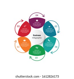
six circle elements with a paper icon and a place for the text to be a white paper circle. Concept 6 features business development. Infographic design template. Vector illustration.