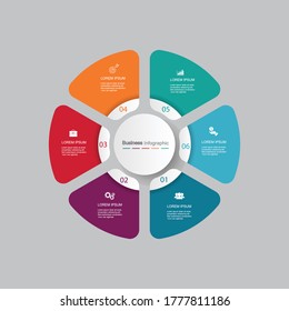 six circle elements with a paper icon and a place for the text to be a white circle paper. Concept 6 features business development. Infographic design template. Vector illustration.