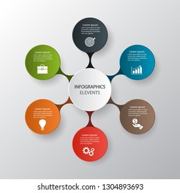 six circle elements with paper icons and place for text to circle white paper. The concept of 6 business development features. Infographic design template. Vector illustration.