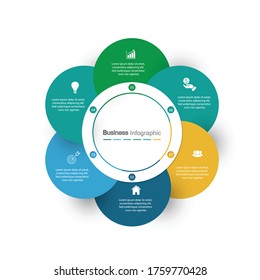 
Six circle elements with paper icons and a place for the text to be a white paper circle. Concept 6 features business development. Infographic design template. Vector illustration.