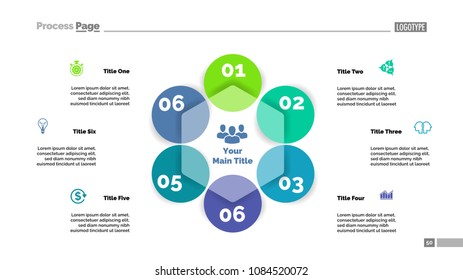 Six circle flowchart slide template. Business data. Graph, diagram, design. Creative concept for infographic, web design. Can be used for topics like project management, business development, strategy