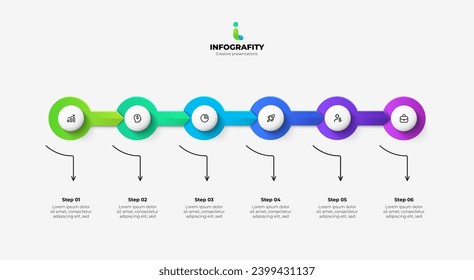 Six circles are arranged in a horizontal row with arrows. Concept of six steps of business timeline. Creative infographic design template