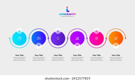 Six circles arranged in a row with a curved thin line and glassmorphism effect. Infographic design template with 6 options, steps or processes