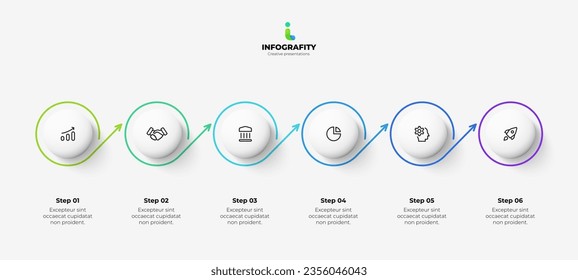 Six circles connected by thin lines with arrows. Infographic template
