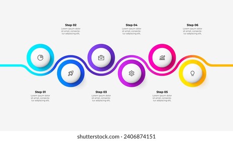 Sechs Kreise für Infografik-Timeline mit Zickzag-Linie. Visualisierung des Entwicklungsprozesses