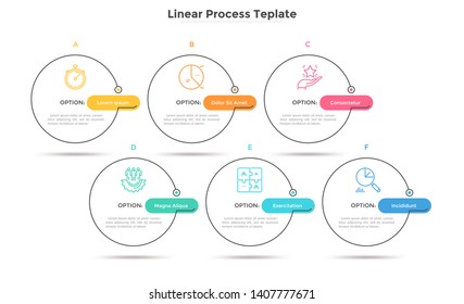 Six circles placed in horizontal row. Concept of strategic development plan with 6 successive steps or stages. Minimal infographic design template. Linear vector illustration for presentation.