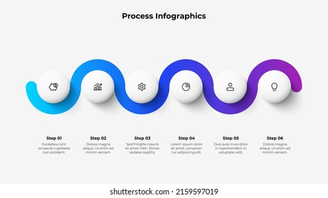 Six circles placed in horizontal row connected by a curved line. Concept of 6 stages of marketing strategy. Modern infographic design template.