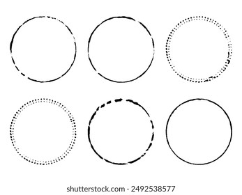 Seis marcos en forma de círculo con bordes irregulares, rasgados y delgados. Vector dibujado a mano ilustración de estampados de pintura de fondo y cuello de botella. Pincel de textura.