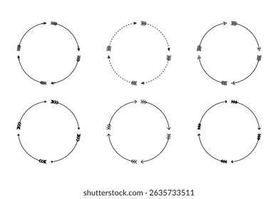 Six circular arrow flow designs, demonstrating movement and directionality, drawn in minimal black and white.