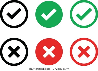 Seis circulares con marcas de verificación y cruces en círculo de símbolos negro, verde y rojo