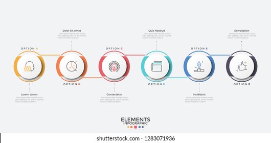 Six circular elements arranged in horizontal row and connected. Modern infographic design template. Concept of 6 stages of business process. Vector illustration for presentation, report, banner.