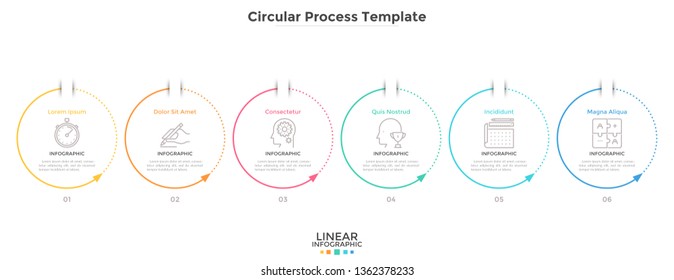 Six circular elements with arrows arranged in horizontal row. Concept of 6 cyclic stages of business process. Simple infographic design template. Flat vector illustration for progress diagram.