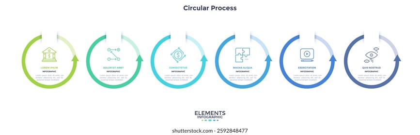 Six circular elements with arrows placed in horizontal row. Concept of 6 steps of project development process. Modern flat infographic design template. Minimal vector illustration for banner.