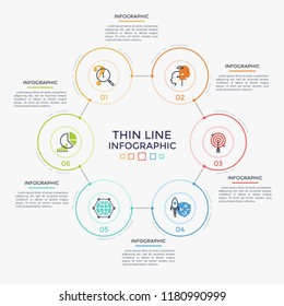 Six circular elements with linear icons and numbers inside connected into hexagonal chart. Concept of 6 steps of cyclic process. Modern infographic design template. Vector illustration for report.