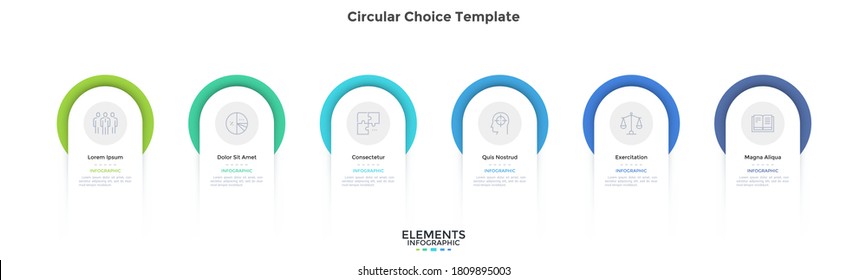 Seis elementos circulares colocados en fila horizontal. Concepto de 6 pasos de desarrollo de proyectos de inicio. Plantilla de diseño de infografía plana. Ilustración vectorial simple para la visualización de datos empresariales.