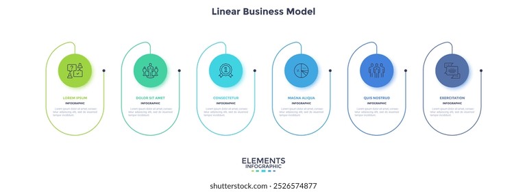 Six circular elements placed in horizontal row. Concept of 6 steps of startup project development. Flat infographic design template. Simple vector illustration for business data visualization.