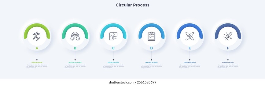Six circular elements placed in horizontal row. Concept of 6 steps to startup project launch. Neumorphic infographic design template. Modern flat vector illustration for business presentation.