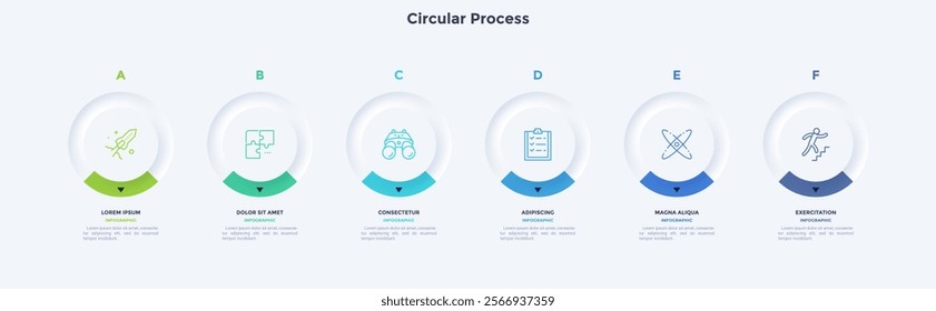 Six circular elements placed in horizontal row. Concept of 6 steps to startup project launch. Neumorphic infographic design template. Modern flat vector illustration for business presentation.