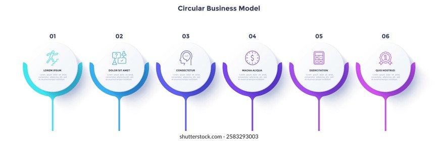 Six circular elements placed in horizontal row. Concept of 6 steps of startup project development. Flat infographic design template. Simple vector illustration for business data visualization.