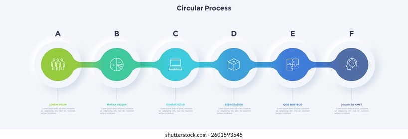 Six circular elements placed in horizontal row. Concept of 6 steps to startup project launch. Neumorphic infographic design template. Modern flat vector illustration for business presentation.