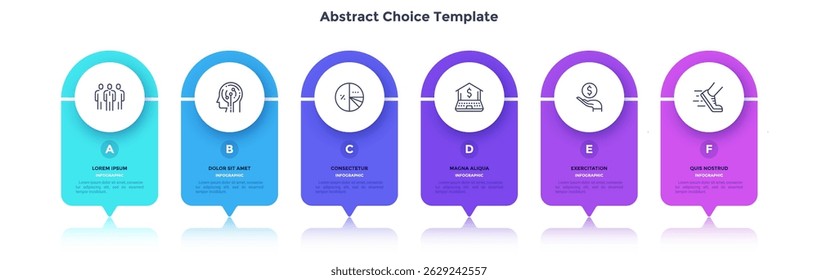 Six circular elements placed in horizontal row. Concept of 6 successive steps to startup project launch. Modern flat abstract vector illustration for business data analysis, statistical report.