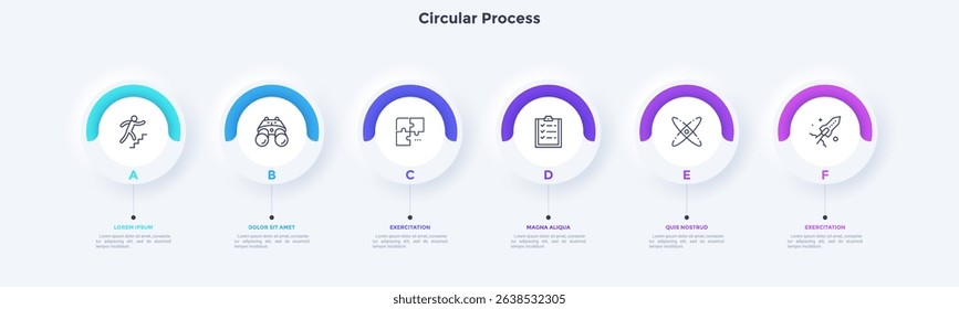 Six circular elements placed in horizontal row. Concept of 6 steps to startup project launch. Neumorphic infographic design template. Modern flat vector illustration for business presentation.