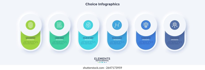Six circular elements placed in horizontal row. Concept of 6 steps to startup project launch. Neumorphic infographic design template. Modern flat vector illustration for business presentation.