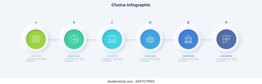 Six circular elements placed in horizontal row. Concept of 6 steps to startup project launch. Neumorphic infographic design template. Modern flat vector illustration for business presentation.