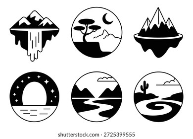 Seis escenas de naturaleza circular con montañas, ríos, árboles y desierto