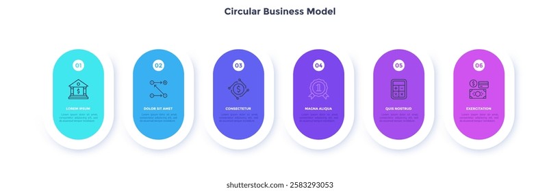 Six circular paper elements placed in horizontal row. Concept of 6 steps of startup project development. Flat infographic design template. Simple vector illustration for business data visualization.