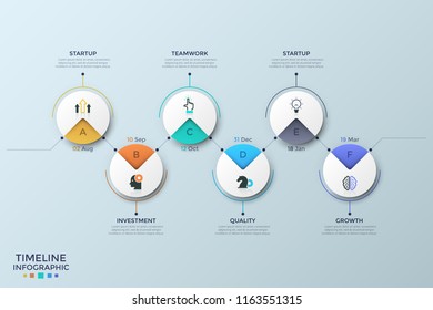 Six circular paper white elements with linear symbols, letters and date indication connected by horizontal zigzag line. Project completion plan. Infographic design template. Vector illustration.