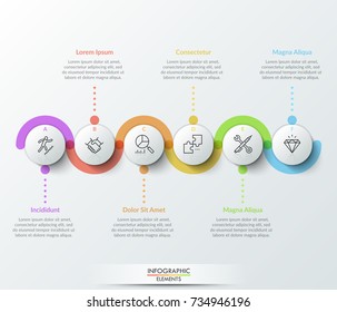 Six circular paper white elements with thin line icons inside, colorful translucent stripe curving around it and text boxes. Realistic infographic design template. Modern vector illustration.