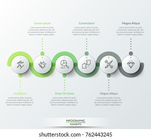 Six circular paper white elements with thin line icons inside, colorful translucent stripe curving around it and text boxes. Realistic infographic design template. Modern vector illustration.