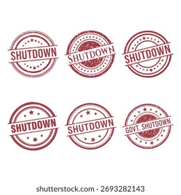 Six circular shutdown stamp designs collection, rustic vintage distressed texture grunge effect pattern.