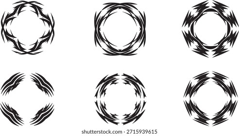 Sechs kreisförmige Stammesdesigns, die gut funktionieren, sowie Rahmen, Ränder oder zentrale Tattoo-Motive mit symmetrischen Außenkanten.