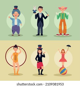grupo de seis personajes de circo