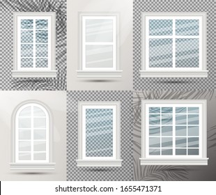 Six Closed Realistic Glass Windows with Shadows. Vector Illustration. Design Element of Architecture. Window Frames.