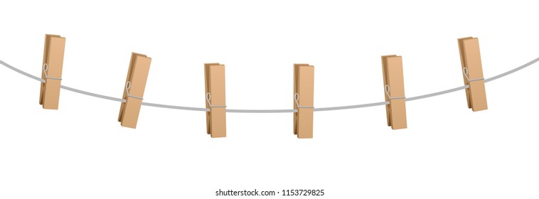 Six clothes pins on a clothes line rope - wooden pegs holding nothing.