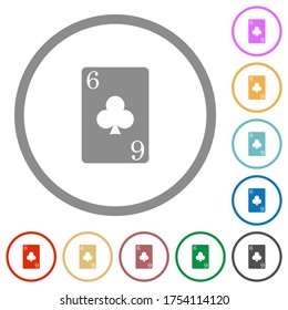 Six of clubs card flat color icons in round outlines on white background