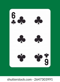 Six of clubs playing card with classic black symbols on a white background, centered on a green table surface, concept of casino and gambling. Vector illustration