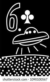 six of clubs. Stylized Vector pop art style playing card with number, flying plate, lines and dots .  