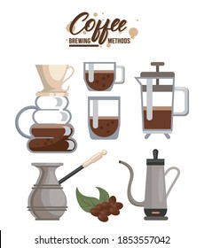six coffee brewing methods bundle set icons vector illustration design