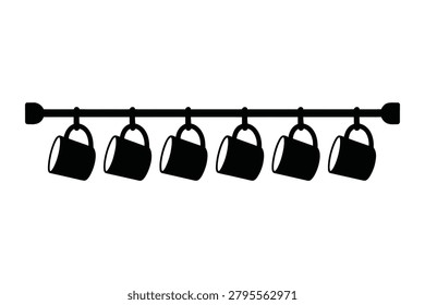 Six coffee cups hanging on wall rail hook vector illustration set