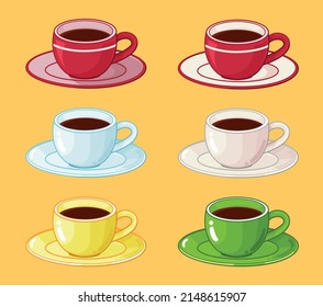 six coffee cups with saucers in different colors