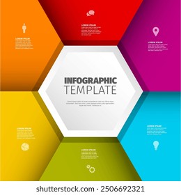 Plantilla de infografía de seis bloques de color con una gran joya hexagonal blanca en el medio, con iconos, títulos y descripciones. Plantilla de infografía multipropósito moderna