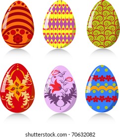 six color easter eggs over white background