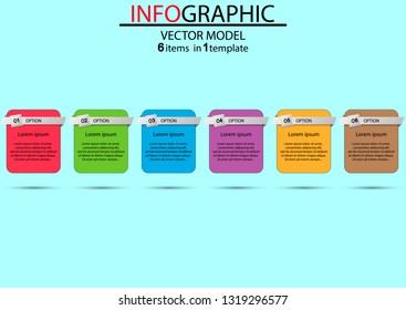 Six color rectangular element infographic on a blue background.Can be used as a business,advertising, presentation,process diagram, workflow layout, banner, flow chart, info graph,concepts,tables.