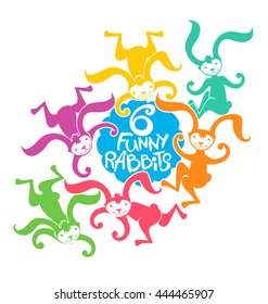 Six Colored Cartoon Funny Rabbits. Silhouette bright multicolored rabbits jump.