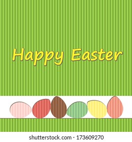 Six colored eggs with green background