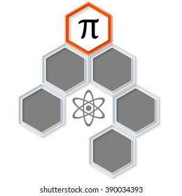 Six colored hexagons for your text and pi symbol